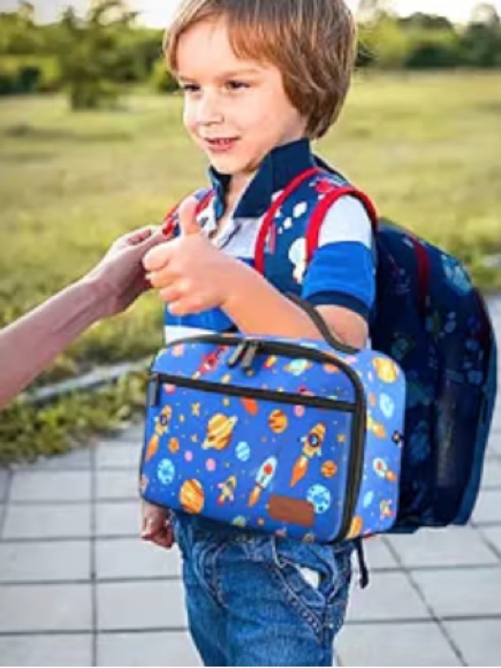 Blue Kids Space Rocket Lunch Tote with Orange Accents